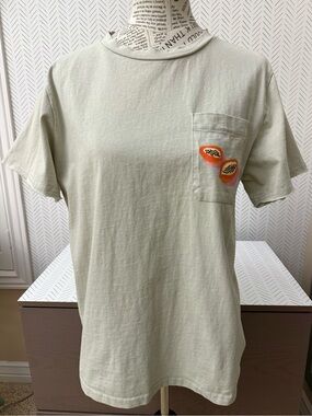 Women’s ROOLEE  Tee T-shirt Papaya Embroidered Pocket Sage Green Distressed L
